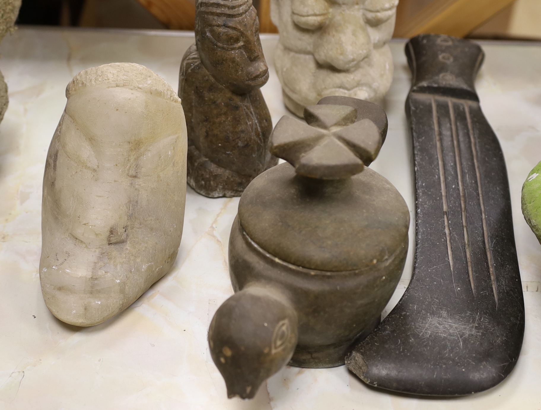 Eight Shona stone carvings, 1960s-1970s, including figures, heads and abstract sculpture forms, tallest 31cm